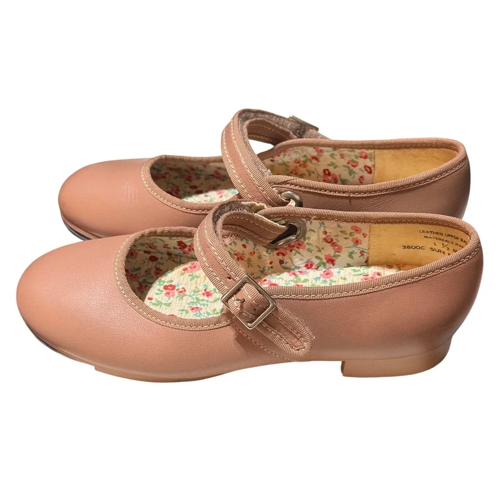 Capezio Tap Shoes Girls 1.5 M Caramel Leather Mary Jane 3800C Tele Tone Floral